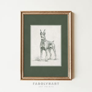 Vintage Doberman Pinscher Wall Art Print, Minimalist Dobbie Sketch Painting, Sage Green Nursery Decor