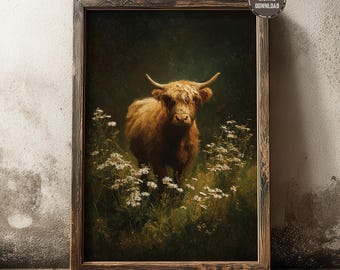 Druckbare Vintage Highland Kuh Wand Kunst Druck, launisches Rind Ölgemälde, Cottagecore Blumendekor, digitaler Download