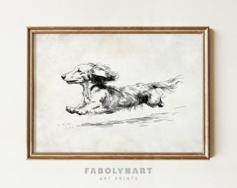 Long Haired Dachshund with Zoomies Print, Vintage Running Dog Sketch Painting, Dachshund Dog Mom Gift