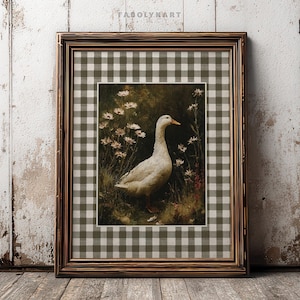 Vintage Goose Print, Moody Geese Wall Art, Neutral Dark Academia Home Decor, Rustic Gingham Art image 1