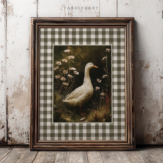 Vintage Goose Print, Moody Geese Wall Art, Neutral Dark Academia Home Decor, Rustic Gingham Art