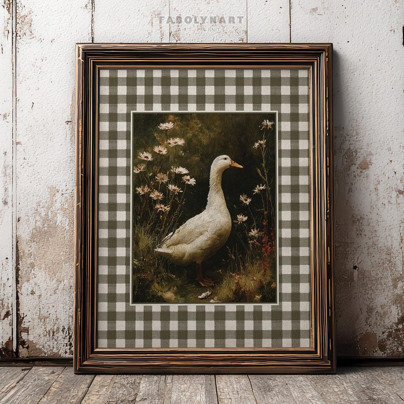 Vintage Goose Print, Moody Geese Wall Art, Neutral Dark Academia Home Decor, Rustic Gingham Art image 1