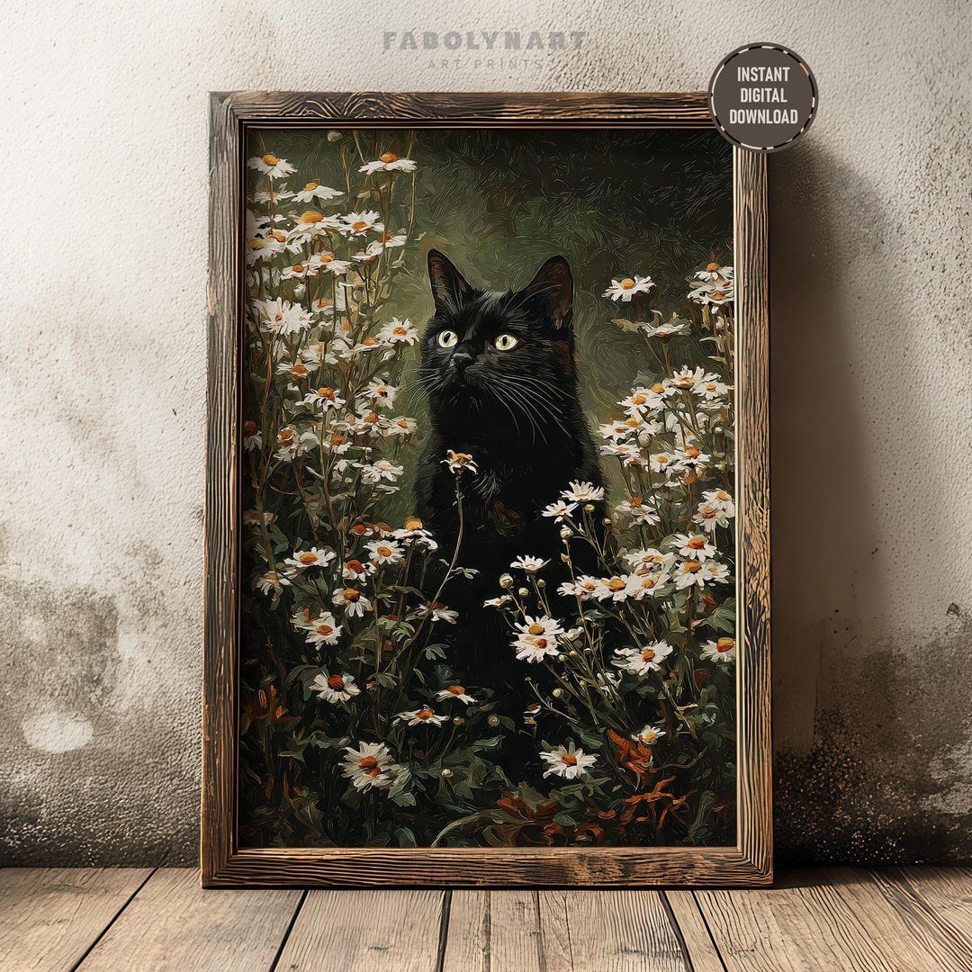 Printable Vintage Black Cat Wall Art Print, Floral Pet Painting, Moody ...