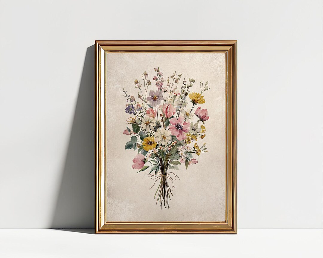 Vintage Wildflowers Bouquet Wall Art Print, Floral Rustic Painting ...