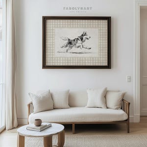 Dog Running Sketch Wall Art Print, Rustic Home Decor, Beige and Brown Animal Artwork, Farmhouse Style Wall Hanging, Living Room Decoration