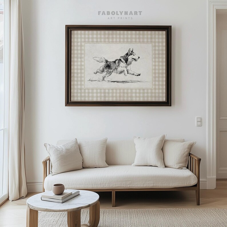 Dog Running Sketch Wall Art Print, Rustic Home Decor, Beige and Brown Animal Artwork, Farmhouse Style Wall Hanging, Living Room Decoration