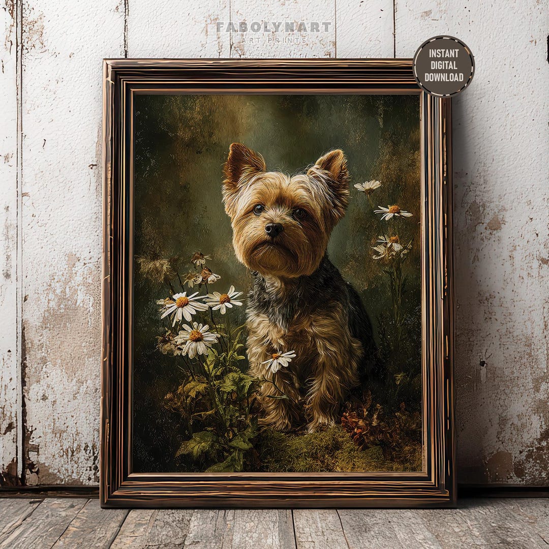 Printable Vintage Yorkie Wall Art Print, Floral Yorkshire Terrier