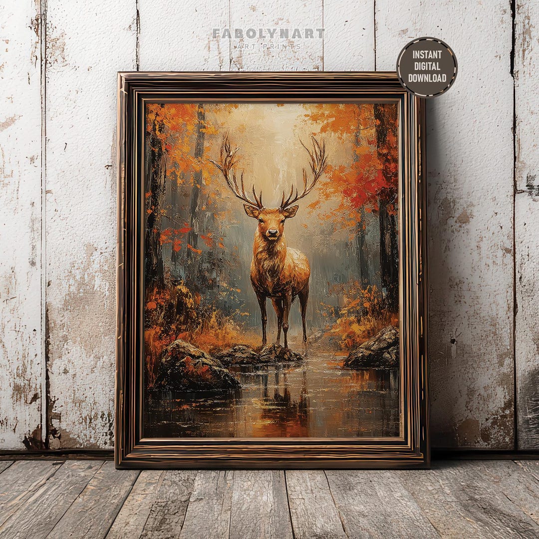 Printable Fall Reindeer Print, Autumn Forest Wall Art, Rustic Woodland ...