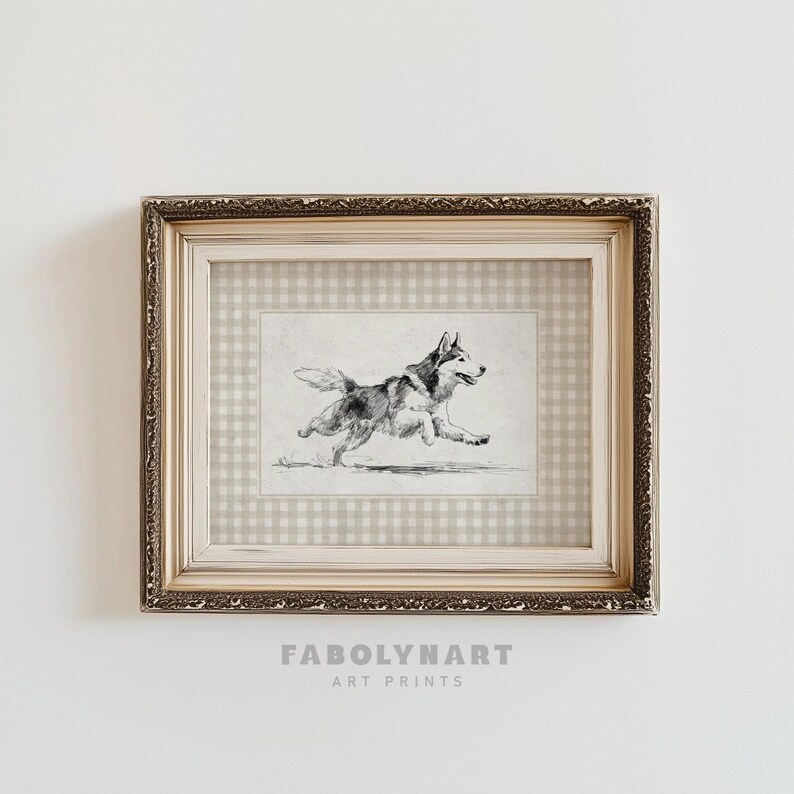 Vintage Dog Art Print, Framed Husky Illustration, Antique Style Dog Wall Decor, Classic Canine Artwork, Best Gift for Dog Lovers