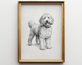 Vintage Labradoodle Wall Art Print, Minimalist Doodle Dog Sketch Painting, Neutral Gift for Dog Mom