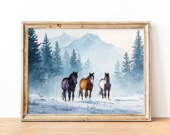 Winter Horse Print, Snowy Landscape Wall Art, Moody Wild Horses Watercolor Painting, Cozy Farmhouse Decor