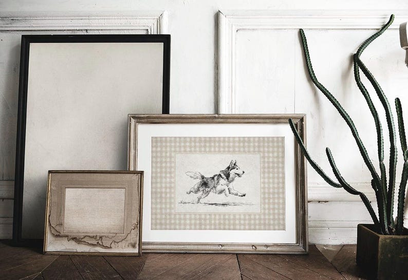 Vintage style framed wall art, dog sketch print, rustic home décor, country farmhouse artwork, retro picture frames, classic canine