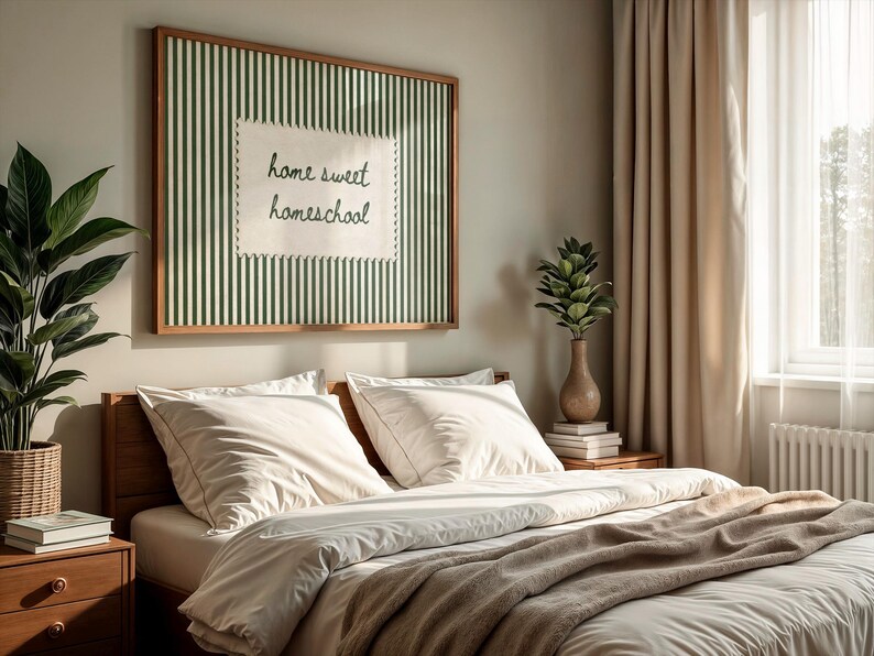 Framed art reading "home sweet homeschool" above a neatly made bed.