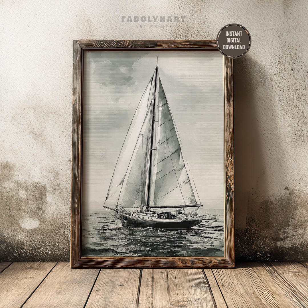 Printable Vintage Sailboat Wall Art Print, Coastal Watercolor Painting ...