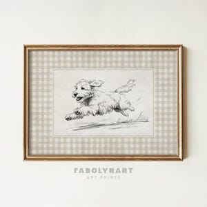 Gingham Goldendoodle with Zoomies Print, Vintage Running Dog Sketch Painting, Gift for Doodle Dog Mom