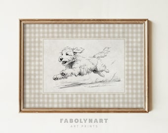 Gingham Goldendoodle with Zoomies Print, Vintage Running Dog Sketch Painting, Gift for Doodle Dog Mom