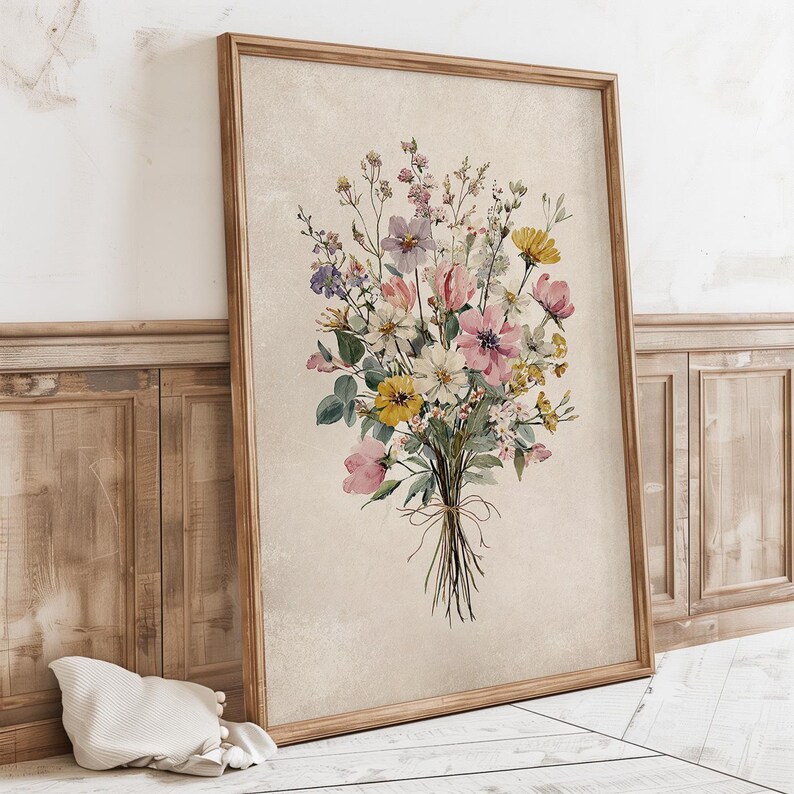 Printable Vintage Wildflowers Bouquet Wall Art Print, Floral Rustic ...