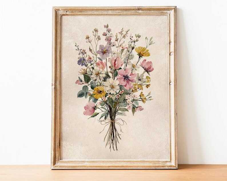 Printable Vintage Wildflowers Bouquet Wall Art Print, Floral Rustic ...