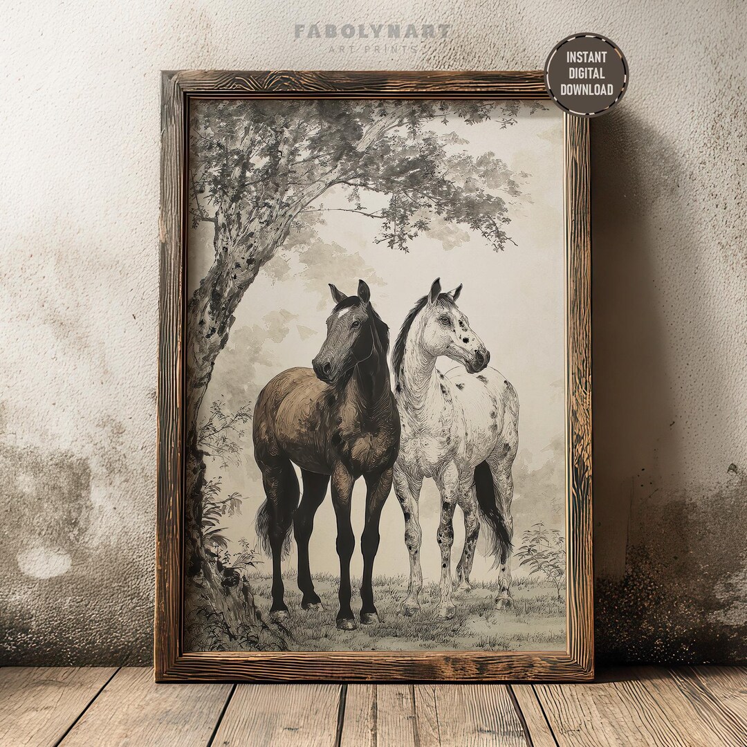 Rustic Horse Design Printable Rustic Two Horses Wall Art Print, Vintage Cottage Decor ...