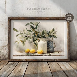 The image is a framed painting depicting a still life arrangement of a vase with flowers, lemons, and a teapot on a wooden surface.