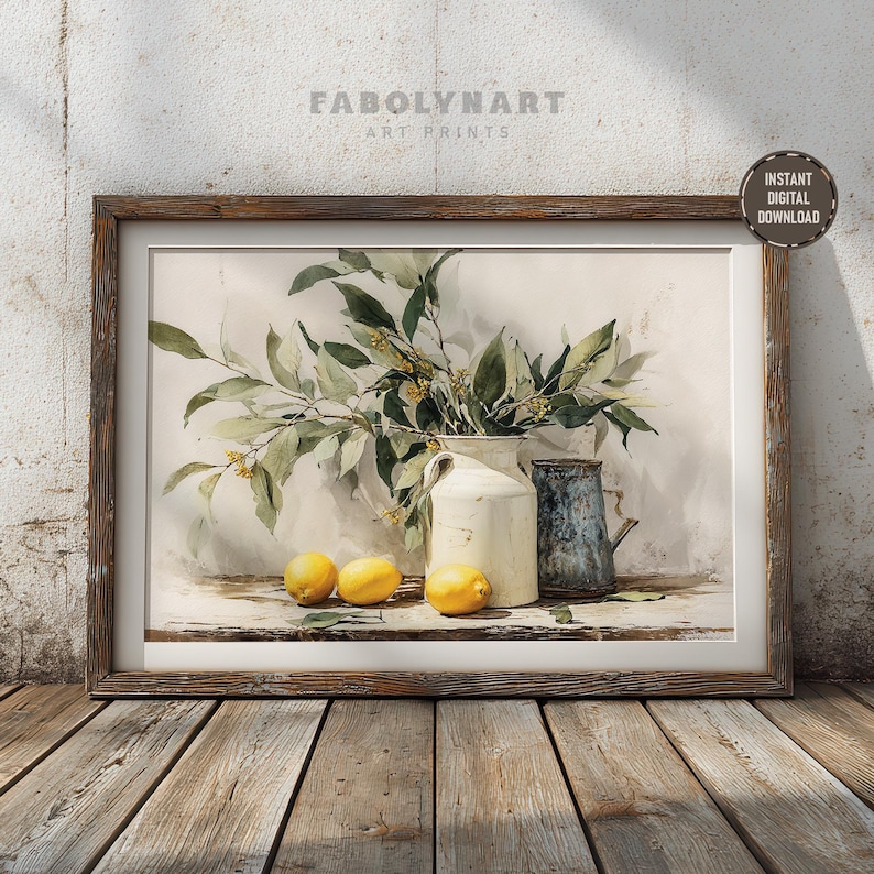 The image is a framed painting depicting a still life arrangement of a vase with flowers, lemons, and a teapot on a wooden surface.