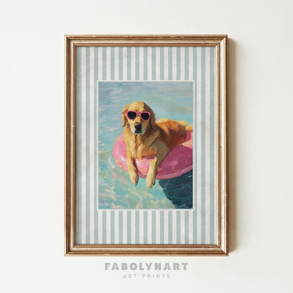 Striped Golden Retriever Wall Art Print, Pink Tube Pool Decor, Summer Dog Mom Gift