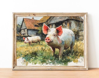 Farm Pig Print, Farm Animal Wall Art, Rustic Piglet Watercolor Painting, Country Farmscape