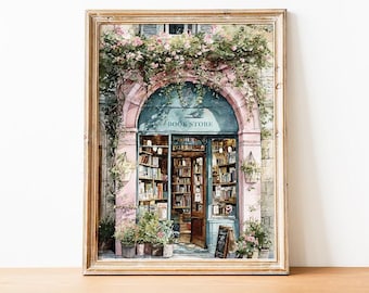 Vintage Bookshop Print, Floral Library Wall Art, Book Store Watercolor Painting, Home Office Literary Art