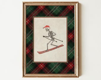 Vintage Funny Skeleton Skiing Wall Art Print, Rustic Plaid Christmas Decor, Retro Ski Print