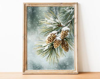 Snowy Pinecone Print, Winter Wall Art, Fir Branch Watercolor Painting, Christmas Botanical Nature