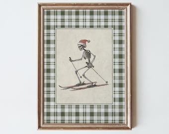 Vintage Skeleton Skiing Wall Art Print, Rustic Green Plaid Gingham Christmas Decor, Neutral Retro Ski Print