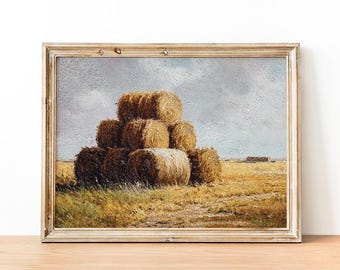 Vintage Hay Bales Wall Art Print, Rustic Oil Painting, Retro Farmhouse Decor, Countryside Farm Landscape