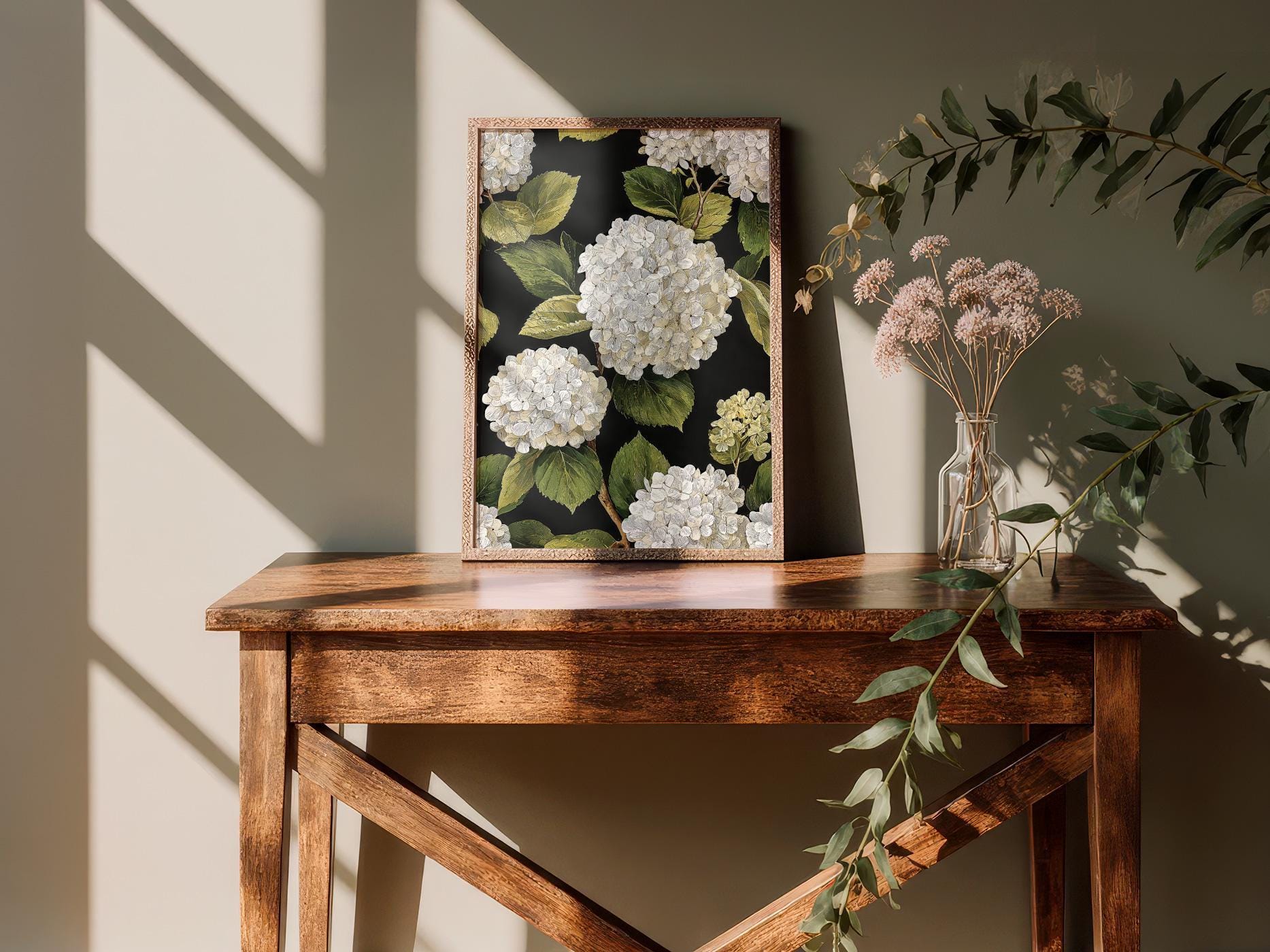 White Hydrangeas Wall Art Print, Floral Painting, Dark Botanical Decor ...