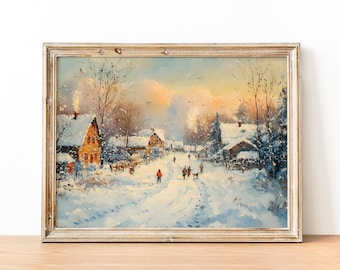 May include: A framed winter landscape painting. The artwork depicts a snow-covered village street with houses and figures. The painting has a warm color palette with a golden frame. The scene evokes a sense of tranquility and nostalgia.