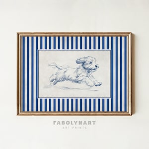 Cockapoo with Zoomies Print, Blue Striped Running Dog Sketch Painting, Dog Mom Gift