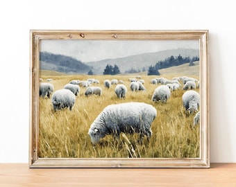 Herd of Sheep Print, Farm Animal Wall Art, Rustic Grazing Sheeps Watercolor Painting, Country Farmscape