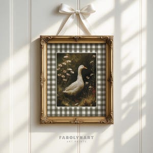 Vintage Goose Print, Moody Geese Wall Art, Neutral Dark Academia Home Decor, Rustic Gingham Art image 2