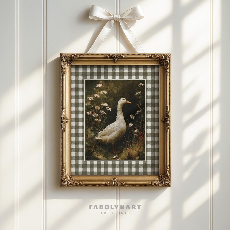 Vintage Goose Print, Moody Geese Wall Art, Neutral Dark Academia Home Decor, Rustic Gingham Art image 2