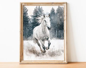 Running White Horse Print, Cozy Winter Landscape Wall Art, Rustic Horse Watercolor Painting, Cozy Forest