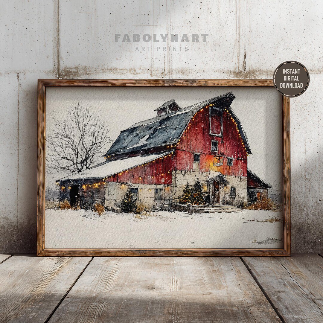 Printable Rustic Christmas Barn Print, Winter Wall Art, Farmhouse Scene ...