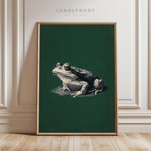 May include: A vertical rectangular art print in a light wood frame featuring a detailed black and white illustration of a toad centered on a solid dark green background. The text FABOLYNART ART PRINTS is printed in small grey letters at the top.
