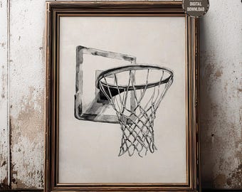 Afdrukbare vintage basketbalring muurkunstprint, rustiek sportdecor, retro schetsprint, digitale download
