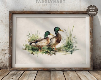 Printable Rustic Two Mallard Ducks Wall Art Print, Vintage Hunting Decor, Retro Nature and Wildlife Print, Digital Download
