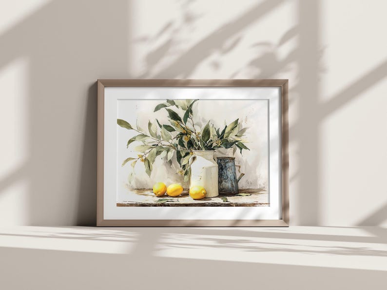 Printable Vintage Yellow Lemon Wall Art Print, Rustic Still Life Oil Painting, Farmhouse Kitchen Decor, Digital Download image 7