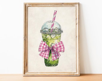 Vintage Iced Matcha Print, Aesthetic Kitchen Wall Art, Matcha Latte Watercolor Painting, Ceremonial Matcha Mornings