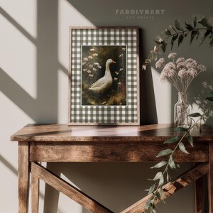 Vintage Goose Print, Moody Geese Wall Art, Neutral Dark Academia Home Decor, Rustic Gingham Art image 10