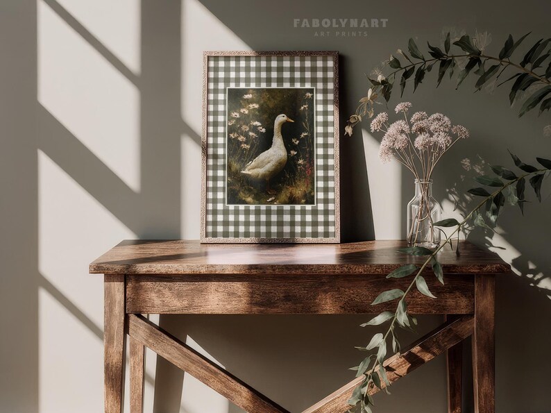 Vintage Goose Print, Moody Geese Wall Art, Neutral Dark Academia Home Decor, Rustic Gingham Art image 10