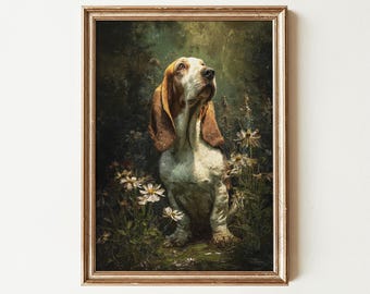 Vintage Basset Hound Wall Art Print, Floral Gift for Dog Mom, Moody Pet Painting Decor