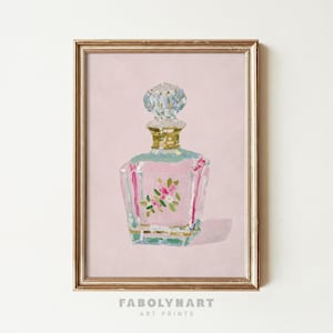Vintage Perfume Bottle Wall Art Print, Coquette Vanity Decor, Pastel Pink Grandmillennial Poster