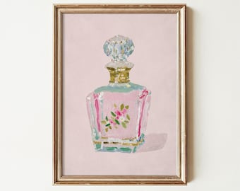 Vintage Perfume Bottle Wall Art Print, Coquette Vanity Decor, Pastel Pink Grandmillennial Poster